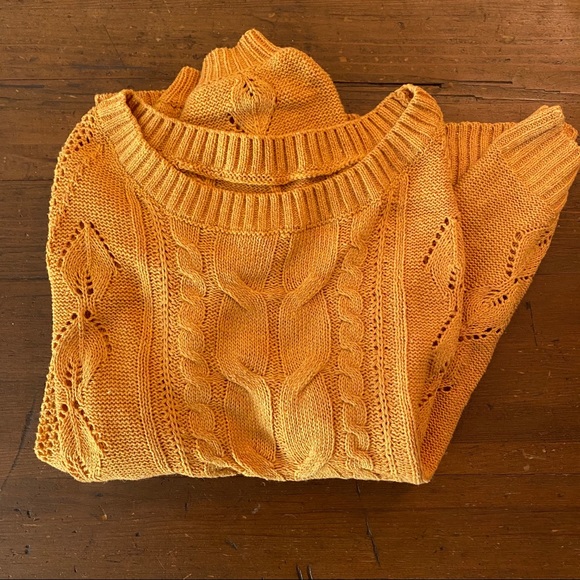 Mustard Yellow Cable Knit Off-shoulder Sweater - Picture 1 of 4